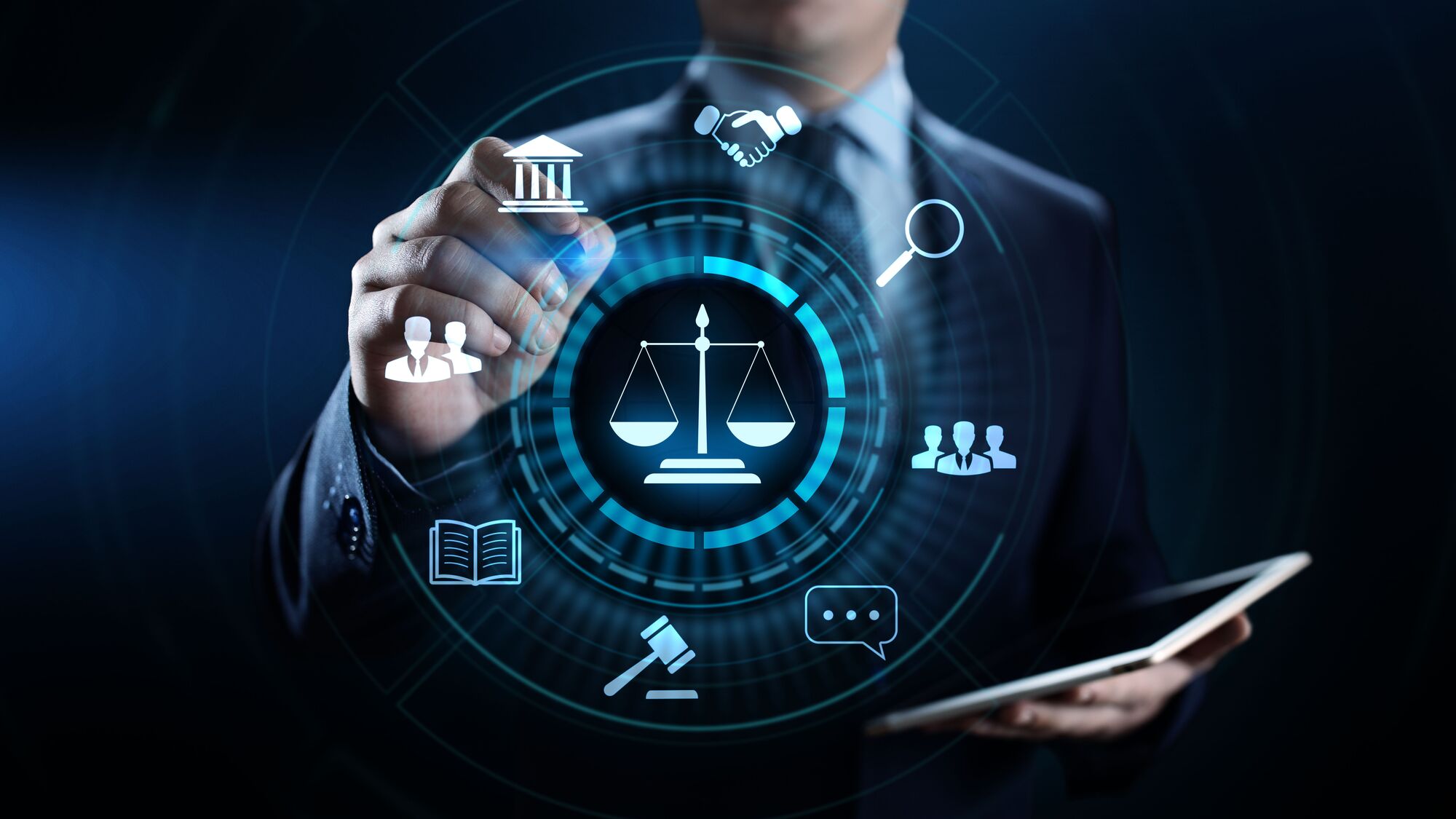 A businessman interacting with digital icons related to law: scales, a gavel, and people, symbolizing legal technology and services.